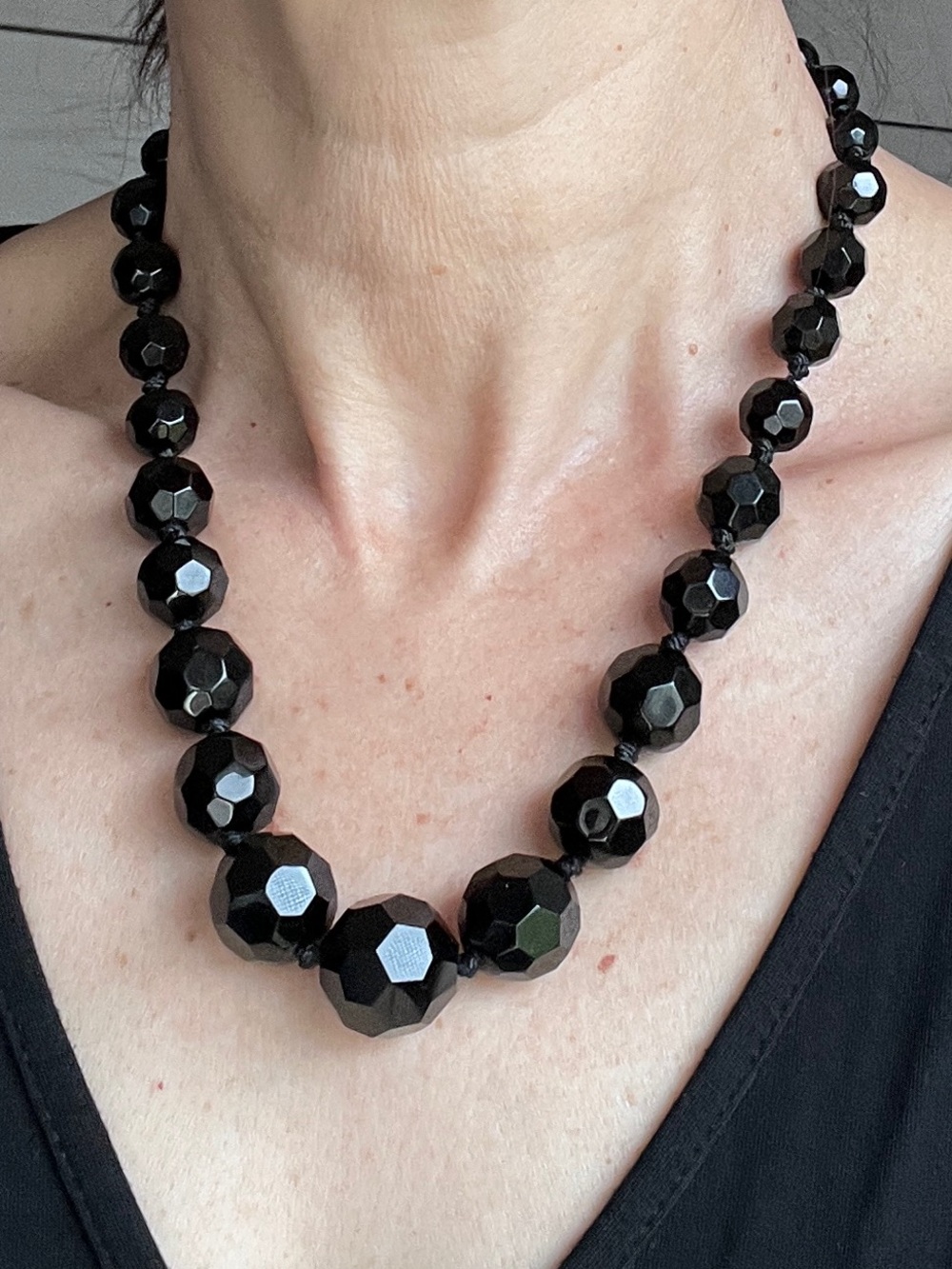 Vintage CAROLEE Black Glass Bead Statement Necklace Graduated Strand 18"